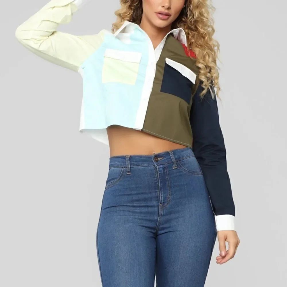 Cropped color blocked collard shirt